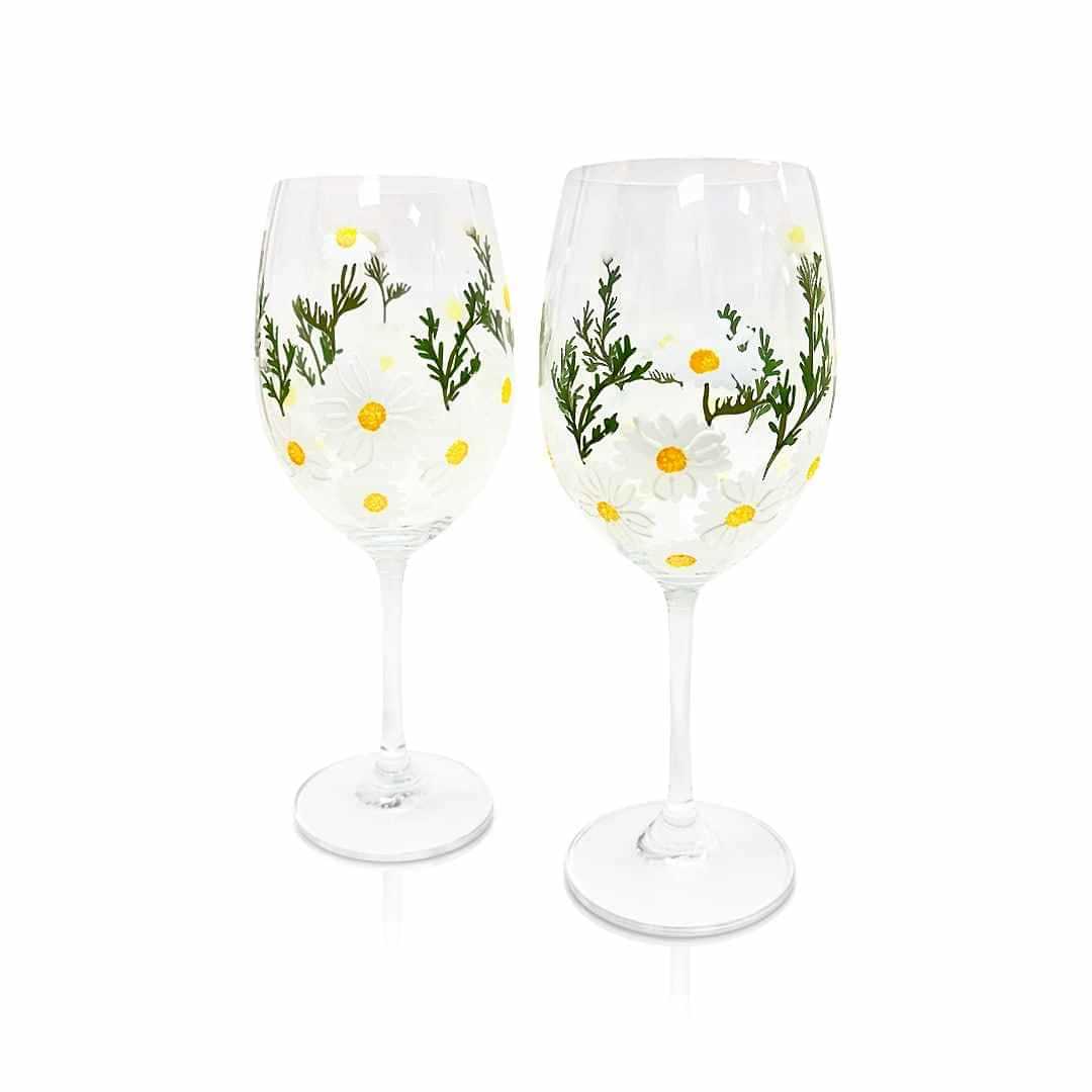 Painted Daisy Wine Glasses-Wine Glasses > Stemmed > Painted-tbgypsysoul