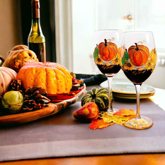 Painted Pumpkin Wine Glasses-Wine Glasses > Stemmed > Painted-tbgypsysoul