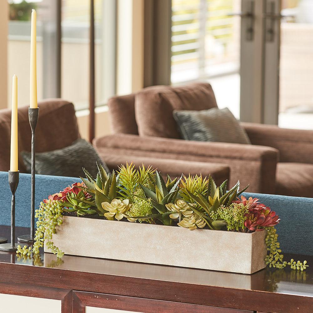 Rectangular Artificial Succulent Arrangement, Natural Planter-Faux Plant-tbgypsysoul