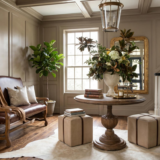 Luxurious living room with a brown leather sofa, wooden coffee table, and decorative elements.