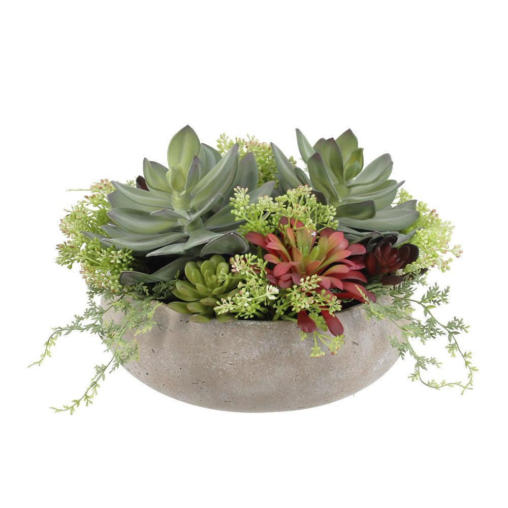 Round Artificial Succulent Arrangement, Natural Planter-Faux Plant-tbgypsysoul