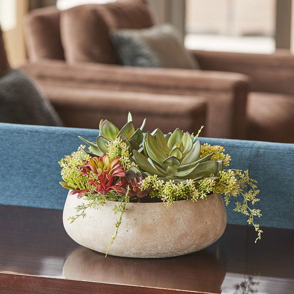 Round Artificial Succulent Arrangement, Natural Planter-Faux Plant-tbgypsysoul
