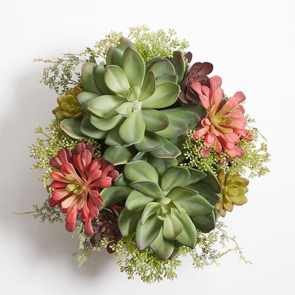 Round Artificial Succulent Arrangement, Natural Planter-Faux Plant-tbgypsysoul