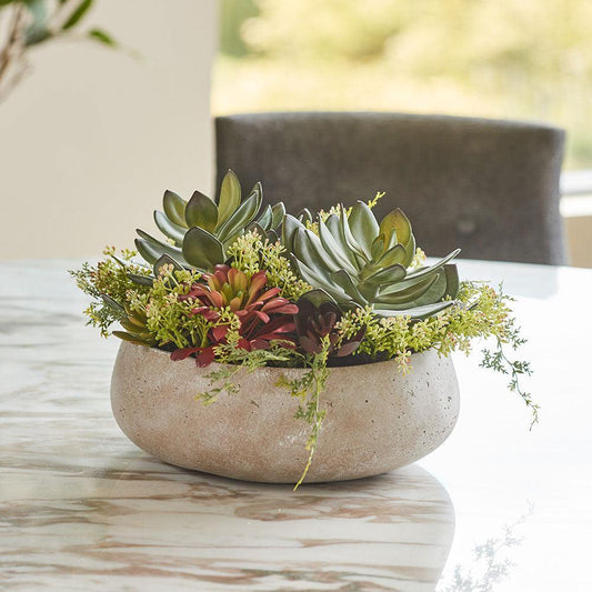 Round Artificial Succulent Arrangement, Natural Planter-Faux Plant-tbgypsysoul