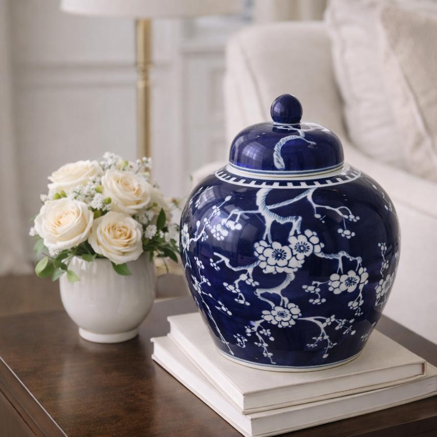 Blue and white ceramic jar with lid on a table next to a small vase with flowers
