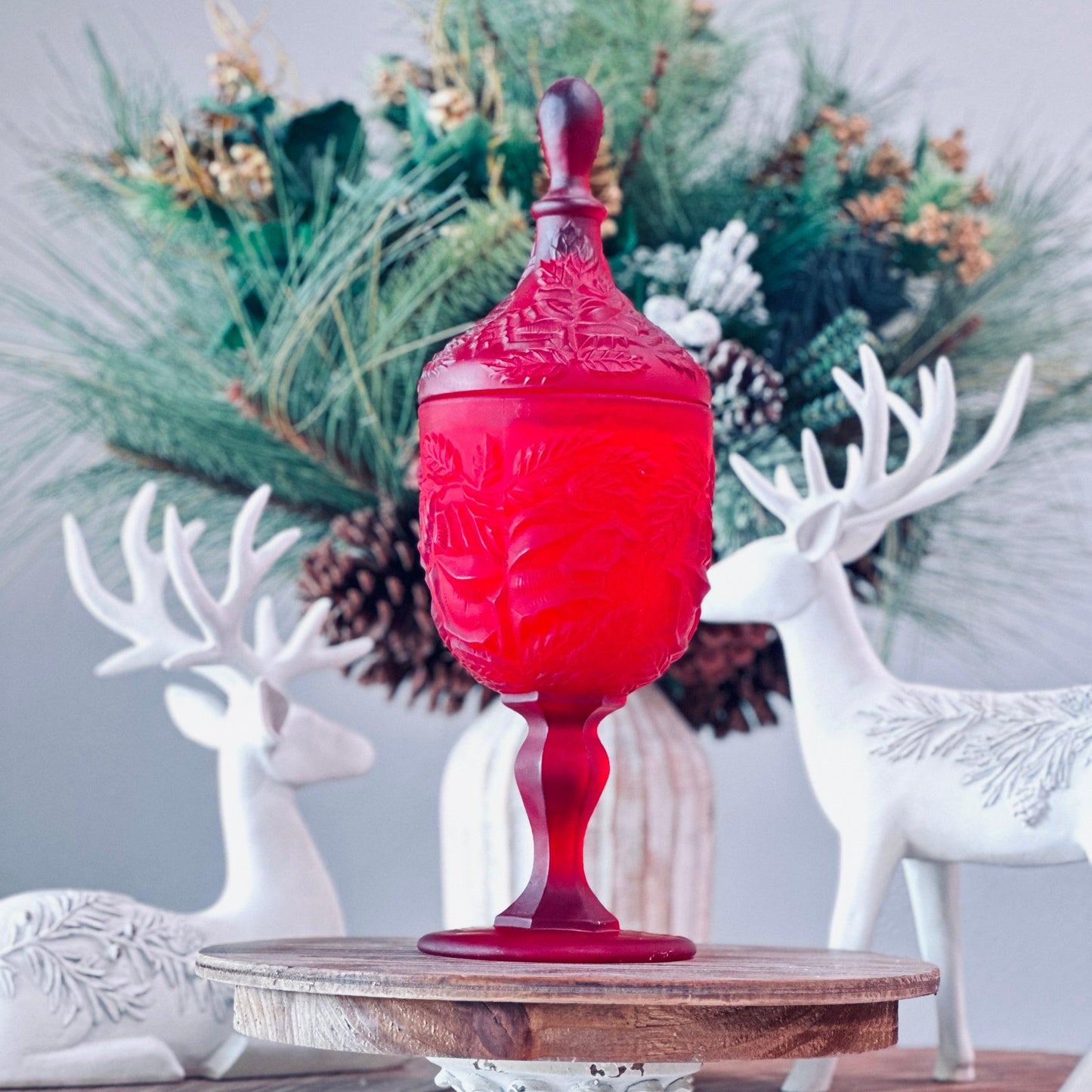 Ruby Red Rose Pedestal Candy Dish - Christmas Cabernet Soy Candle-Vintage Glass Candles-tbgypsysoul