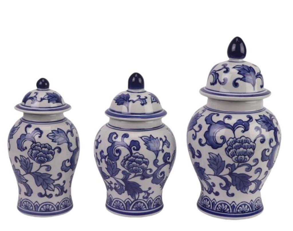 Set of 3 Blue & White Floral Food Safe Jars-Food Storage Jars and Containers-tbgypsysoul