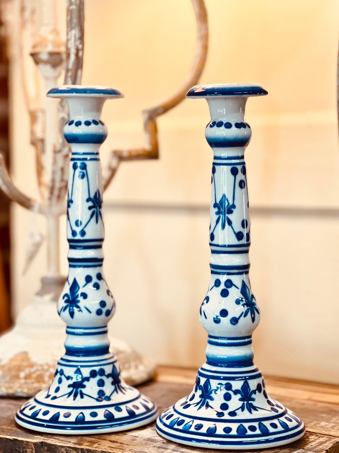 Tall Vintage French Blue and White Ceramic Candlesticks-tbgypsysoul