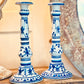 Tall Vintage French Blue and White Ceramic Candlesticks-tbgypsysoul