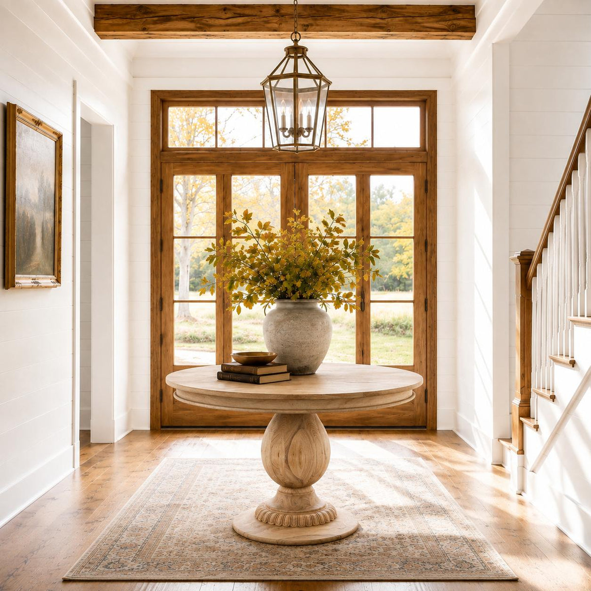 A round wooden pedestal table in a bright, sunlit entryway with white walls, a large window, a hanging lantern light, and a staircase on the right. The table is styled with a large gray ceramic vase of yellow-green foliage and a small stack of books.