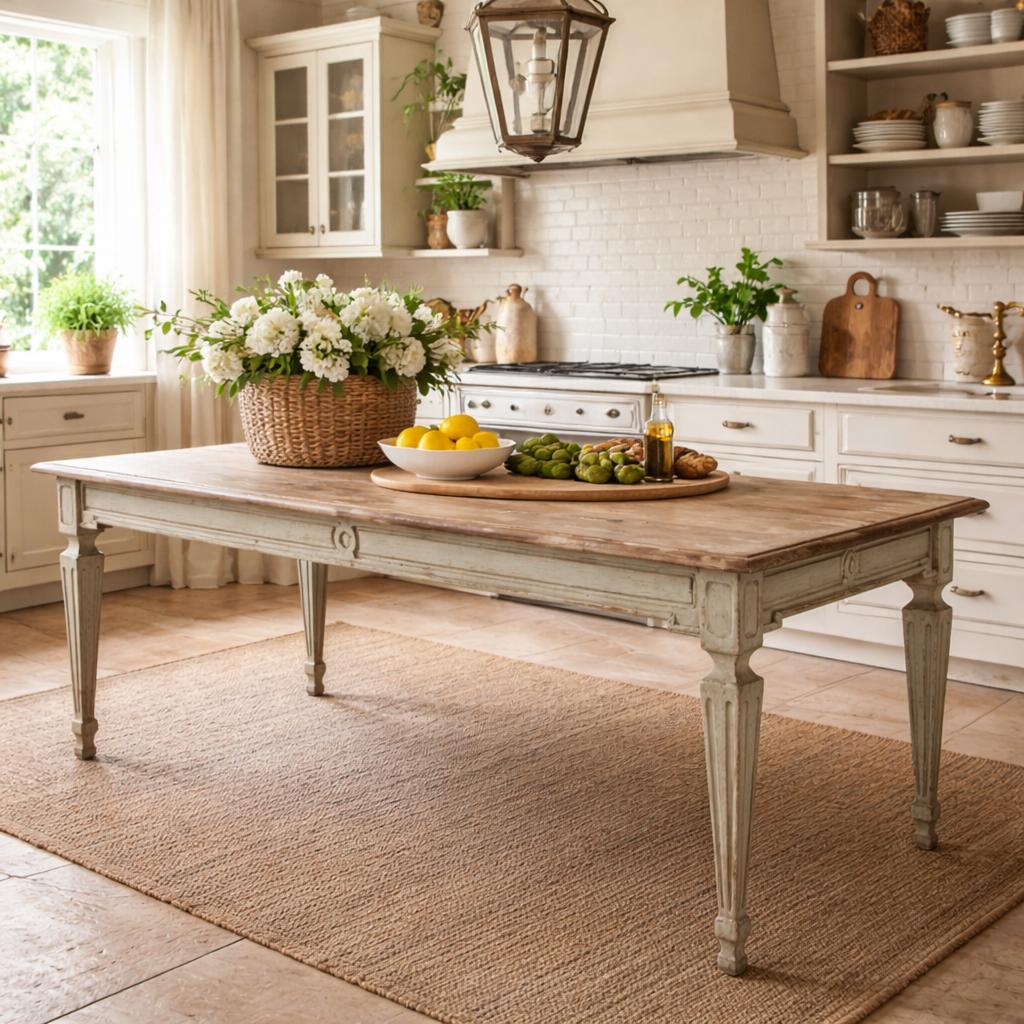 Wooden dining table in a kitchen with flowers and fruit on top