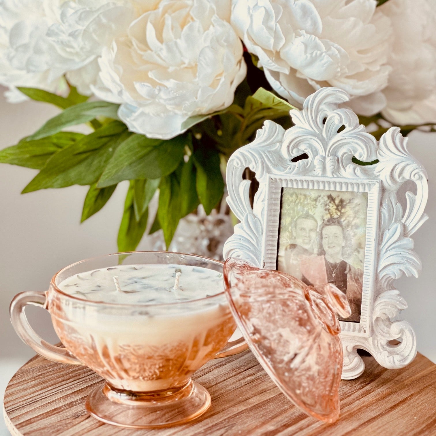 Vintage 1935 Rose Pink Lidded Sugar Bowl - Wild Lavender & Sage Soy Candle-Vintage Glass Candles-tbgypsysoul