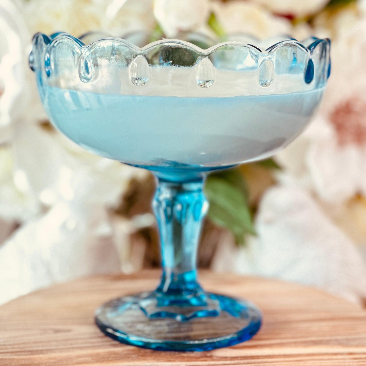Vintage Blue Glass Pedestal serving Bowl - Wedding Cake Soy Candle-Vintage Glass Candles-tbgypsysoul