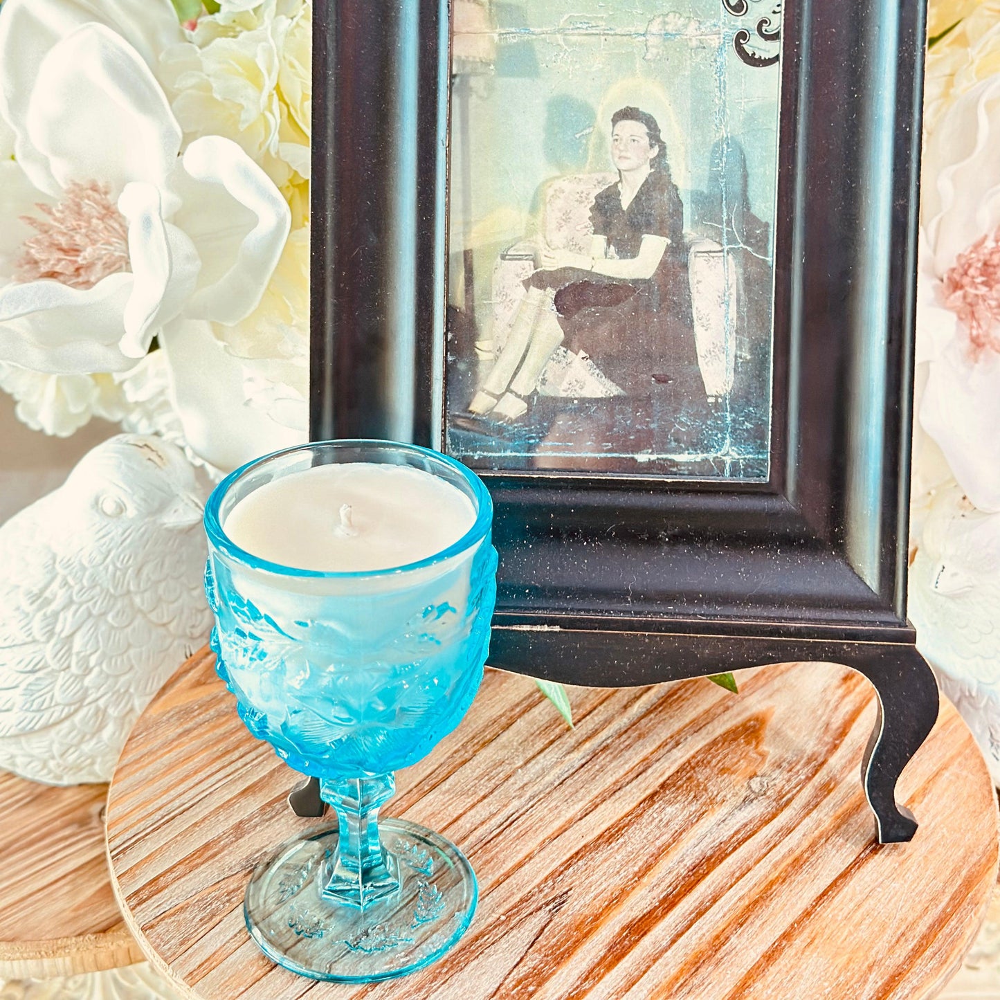 Vintage Blue Madonna Inn Wine Glass - Southern Amaretto Soy Candle-Vintage Glass Candles-tbgypsysoul