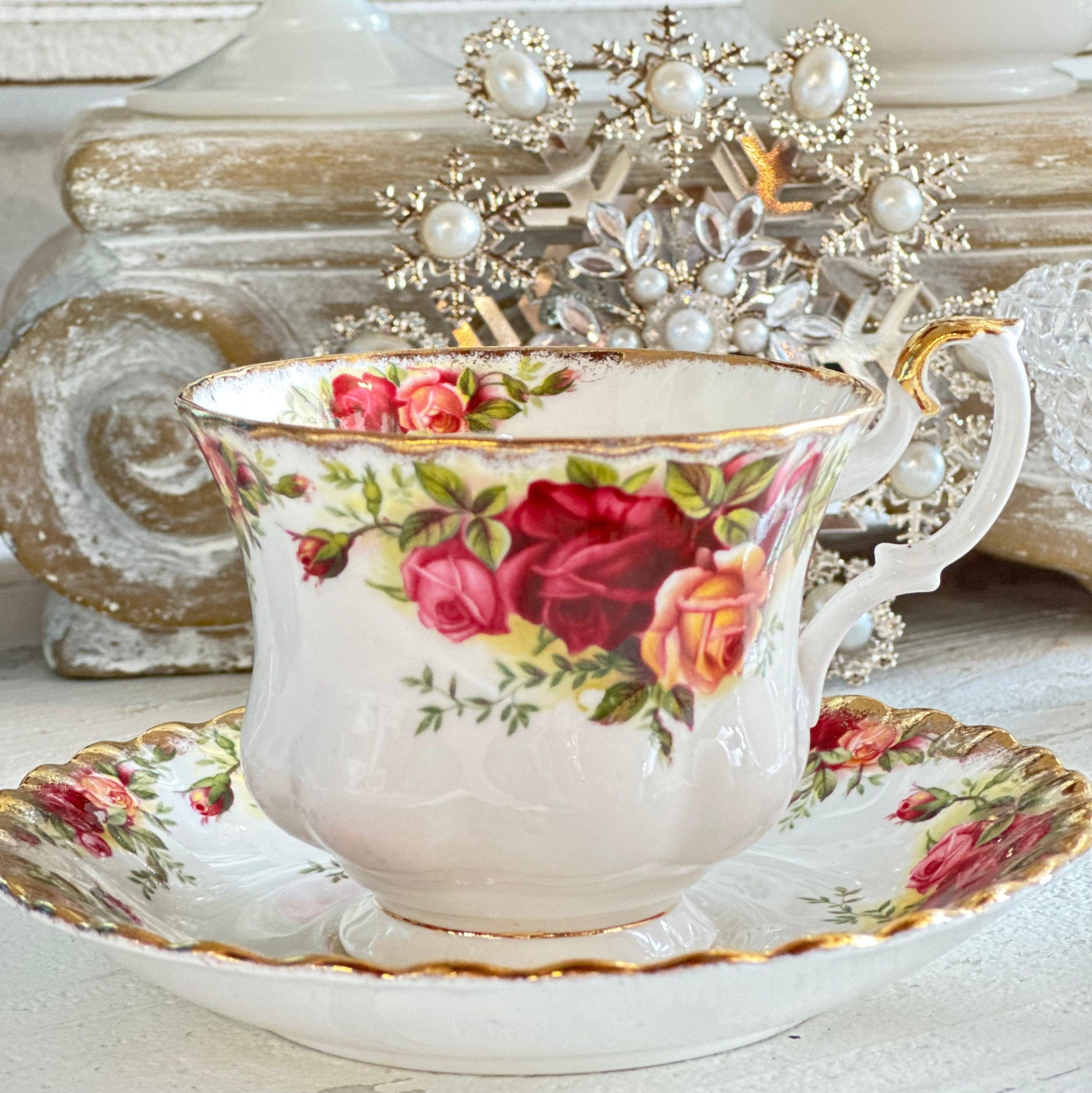 Vintage Country Rose Cup & Saucer - Whiskey in a Tea Cup Soy Candle-Vintage Glass Candles-tbgypsysoul