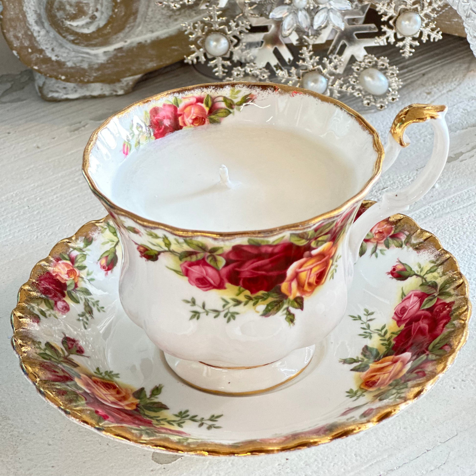 Vintage Country Rose Cup & Saucer - Whiskey in a Tea Cup Soy Candle-Vintage Glass Candles-tbgypsysoul