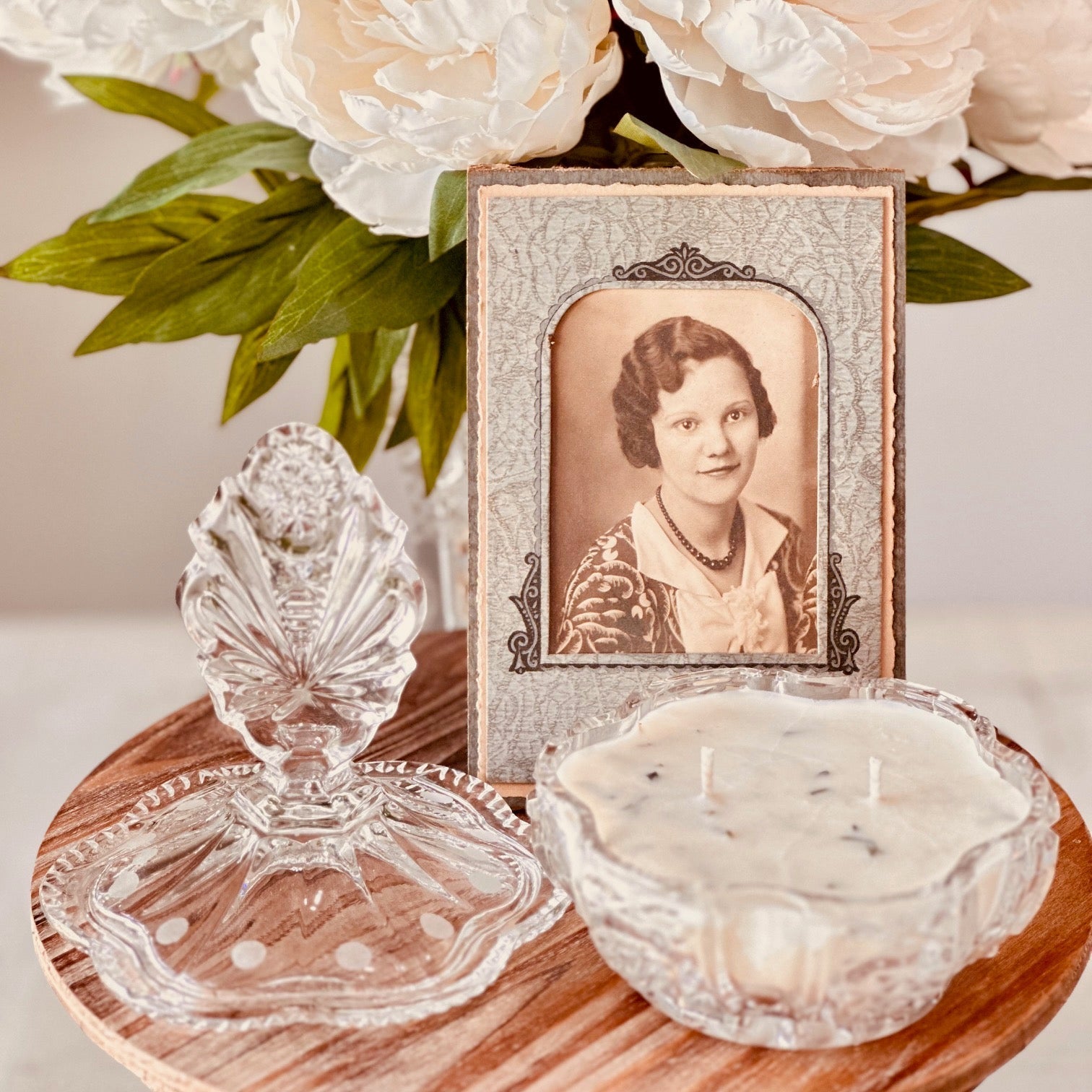 Vintage Czechoslovakian Crystal Vanity Powder Dish - Wild Lavender & Sage Soy Candle-Vintage Glass Candles-tbgypsysoul