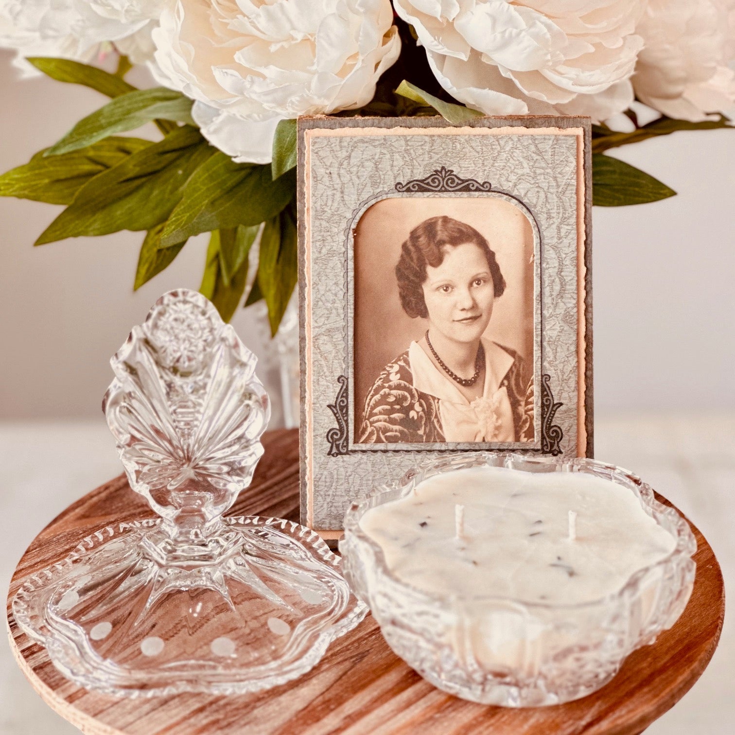 Vintage Czechoslovakian Crystal Vanity Powder Dish - Wild Lavender & Sage Soy Candle-Vintage Glass Candles-tbgypsysoul