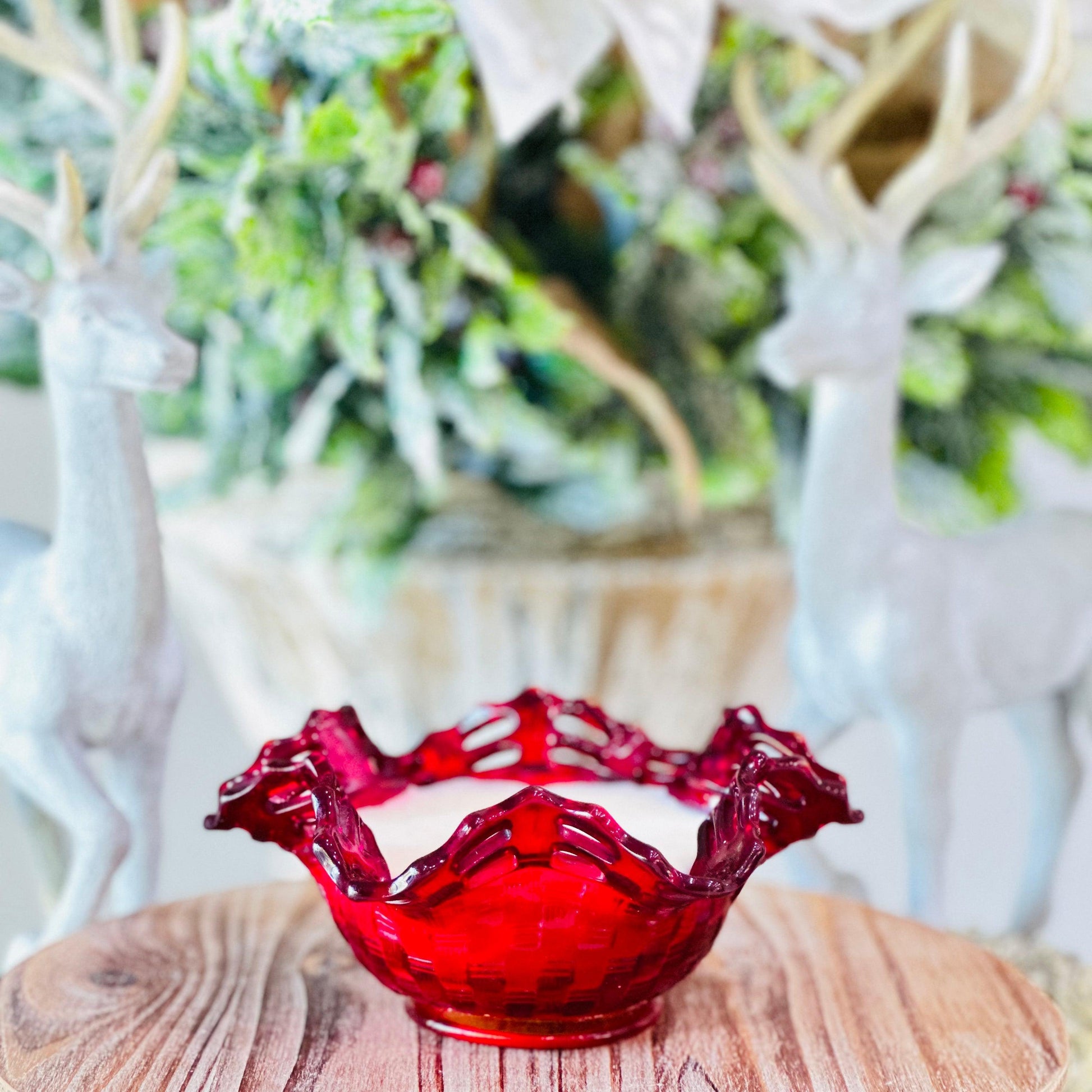 Vintage Fenton Ruby Red Basket Weave Candy Dish - Christmas Cabernet Soy Candle-Vintage Glass Candles-tbgypsysoul