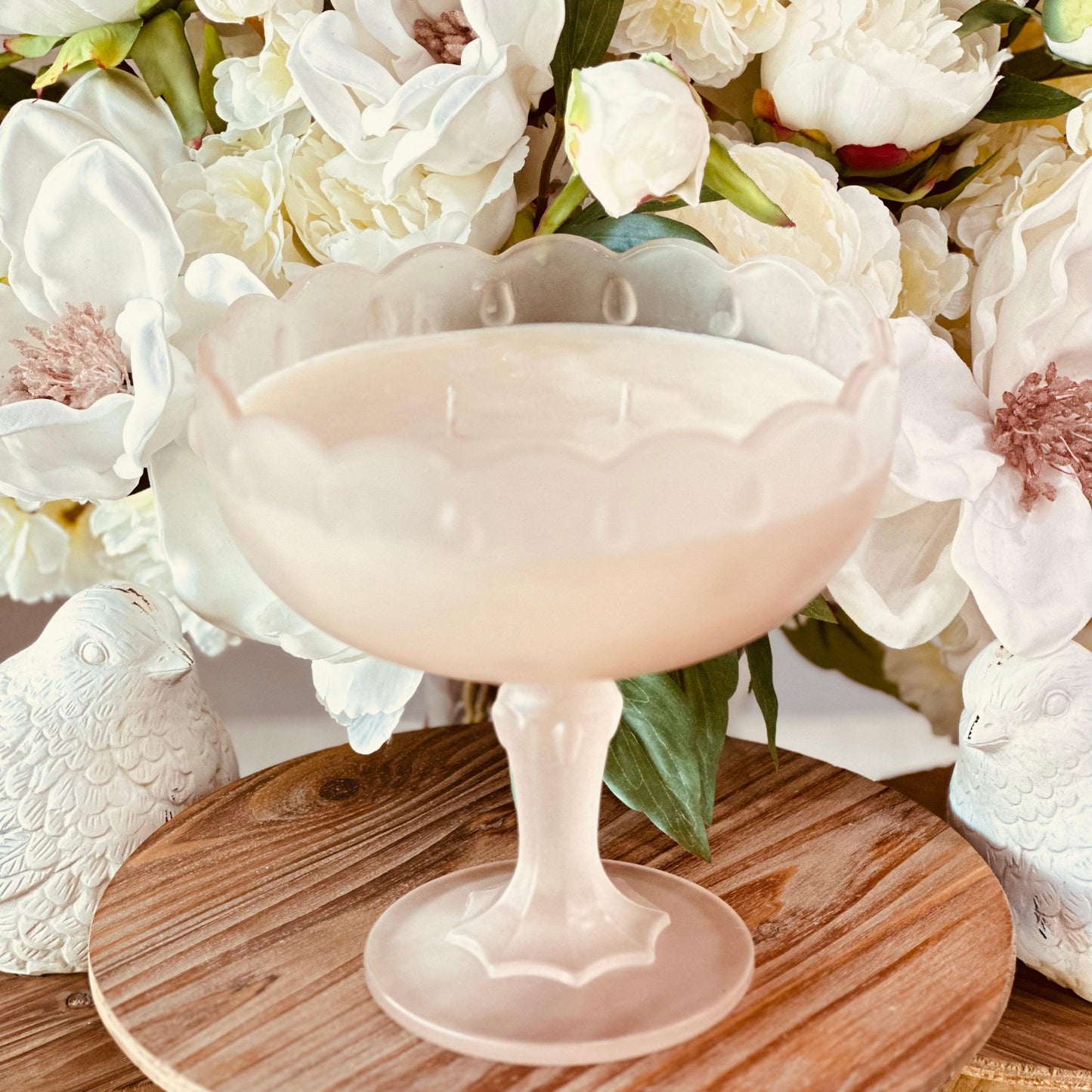 Vintage Frosted Pink Stemmed Serving Bowl - Southern Amaretto Soy Candle-Vintage Glass Candles-tbgypsysoul
