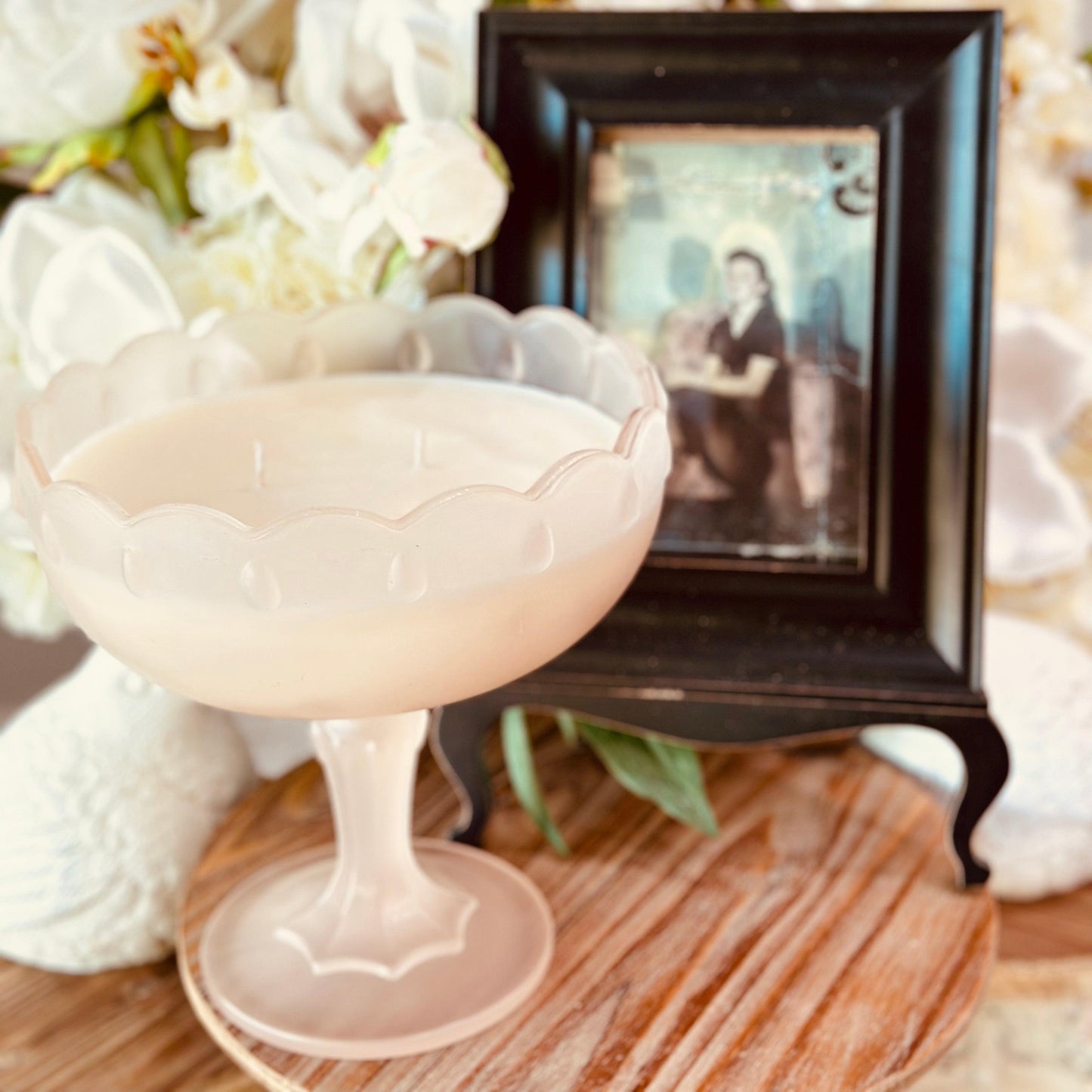 Vintage Frosted Pink Stemmed Serving Bowl - Southern Amaretto Soy Candle-Vintage Glass Candles-tbgypsysoul