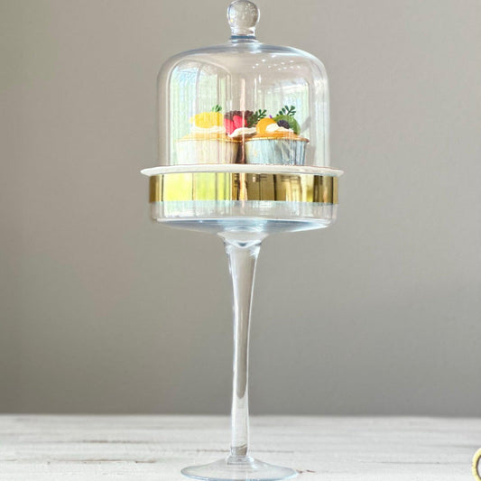 Vintage Gold Rimmed Dessert Stand & Glass Cloche-Dessert Stand-tbgypsysoul