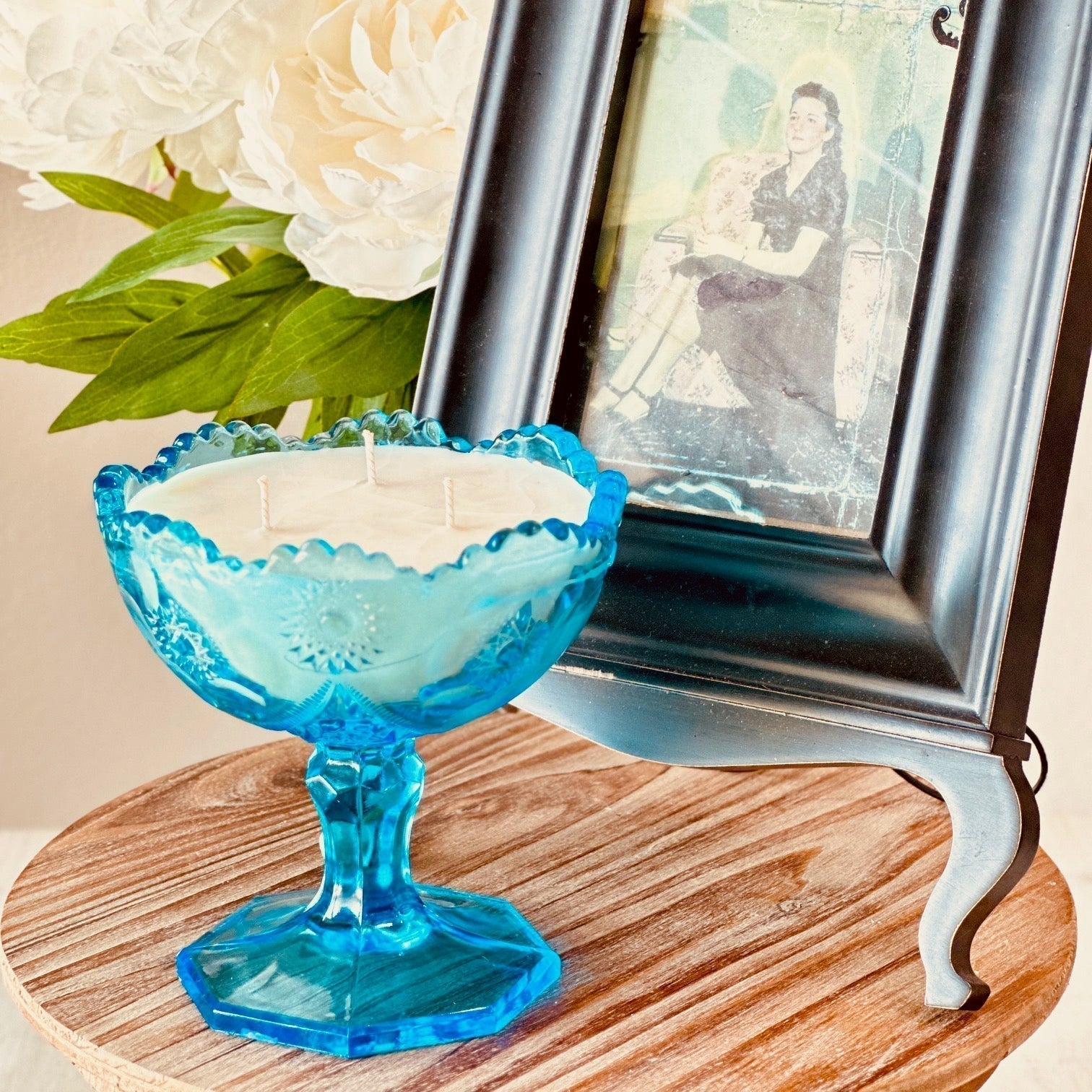 Vintage Teal Sawtooth Pedestal Glass - Wild Lavender & Sage Soy Candle-Vintage Glass Candles-tbgypsysoul