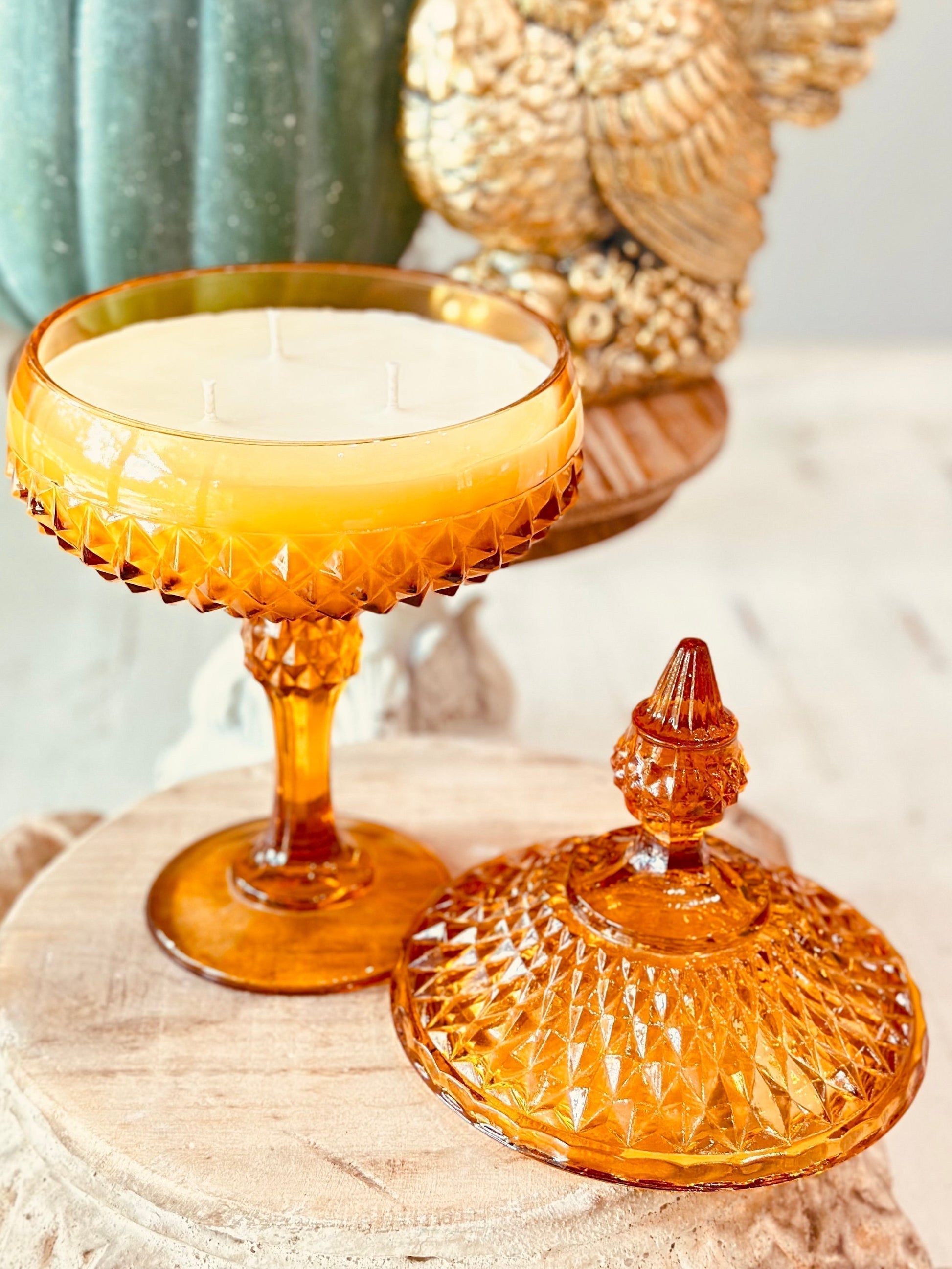 Vintage Tiara Amber Diamond Candy Dish - Vintage Pumpkin Bourbon Soy Candle-Vintage Glass Candles-tbgypsysoul