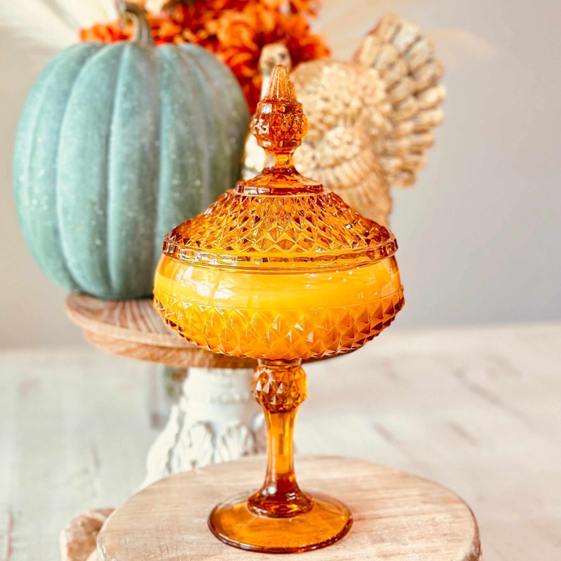 Vintage Tiara Amber Diamond Candy Dish - Vintage Pumpkin Bourbon Soy Candle-Vintage Glass Candles-tbgypsysoul