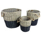 Three wicker baskets with black bottom halves on a white background